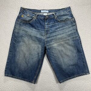 Rocawear Denim Shorts Men's Size 40 Y2K Hip Hop Streetwear Blue Distressed Print